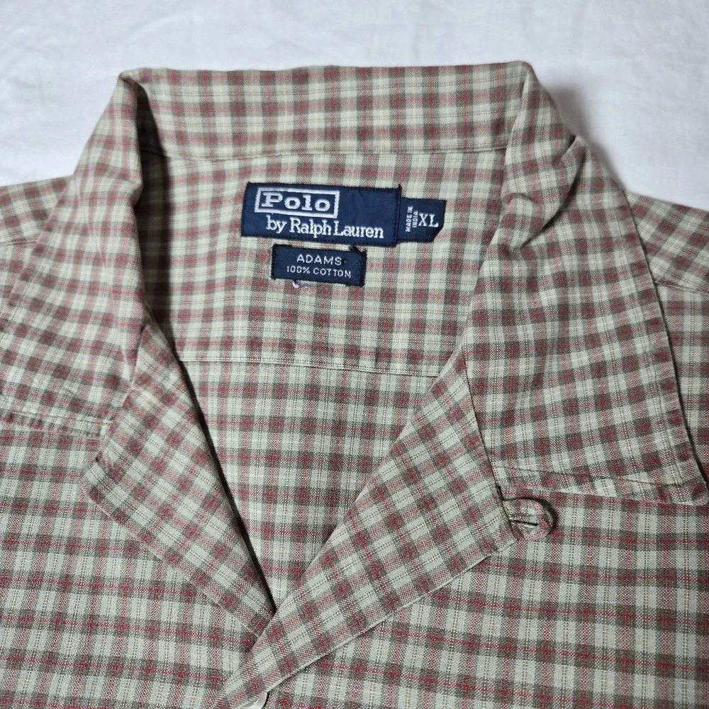 VTG Polo Ralph Lauren Adams Shirt Mens XL Tan Check  Loop Collar Short Sleeve‎